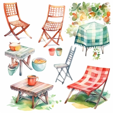 watercolor clipart of Garden table, Garden chairs, Checkered picnic blanket, Vine-covered garden trellis, Hammock strung between trees. In the style of transparency and opacity, vividly bold designs, geometric shapes & patterns, realistic watercolor paintings, manapunk, handcrafted designs, colorful cartoon, soft colors , all items far from each other--ar 99:74