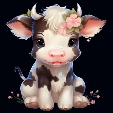 cute happy looking baby cow with flowers, disney style clipart on white background