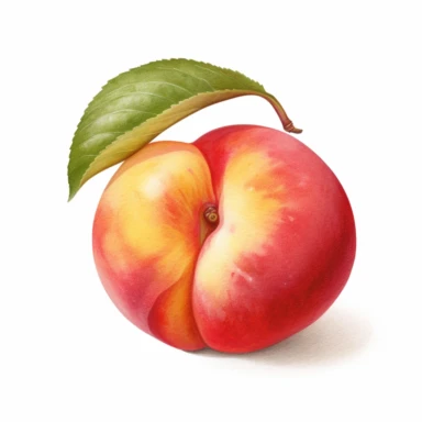 A charming watercolor clipart illustration of a Peach Nectarine without a background, capturing the fruit's velvety skin, showcasing the blend of vibrant colors from shades of orange to blush pink, and highlighting the distinctive crease that runs along its side, Artwork, watercolor painting on paper, 300DPI