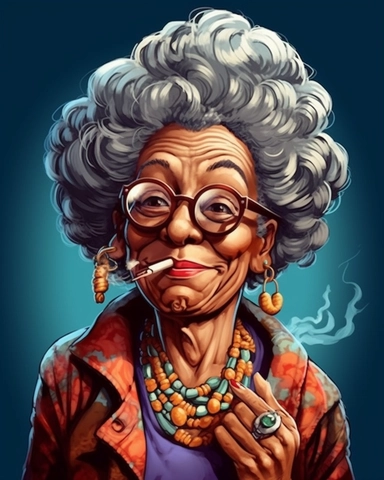 laughing funny Comic Book style Sassy hip African American Boho chic Grandma with long rope style dreadlocks puff puff pass Smoking blunt between her lips holding a cigarette lighter in one hand clipart