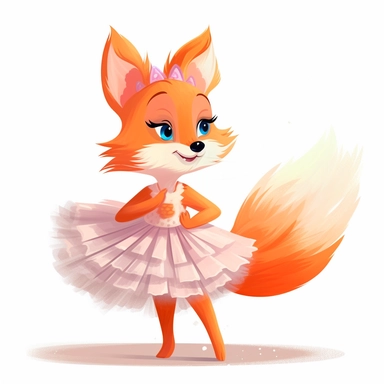 Character cute little fox ballerina in ballet tutu dancing, in profile, 2D, vector, good quality, Pixar children's book illustration, vector, cartoon character, hand drawn, clipart
