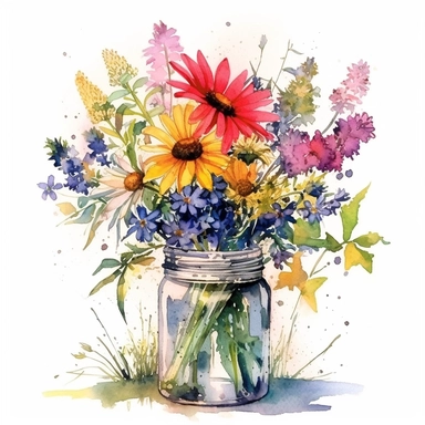 a large wildflower bouquet bursting from a transparent glass jar, set against a pure white background. The scene combines the charm and whimsy of clipart with the refined detail of a realistic watercolor painting. The lighting is gentle, enhancing the bright, vivid colors of the wildflowers and casting soft shadows. Using a wide-angle lens, capture the entire composition to display the overflowing bouquet in its full glory