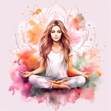 Young woman in yoga lotus pose with eyes open. pale watercolor mandala background, isolated clipart, gradient watercolor-- seed 3031338457