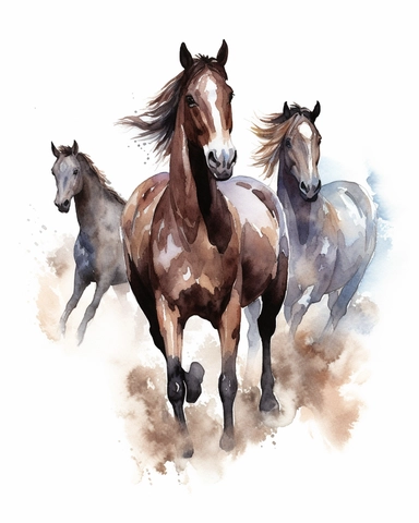 Watercolor painting style, Wild horses galloping clipart, vintage, wyite background