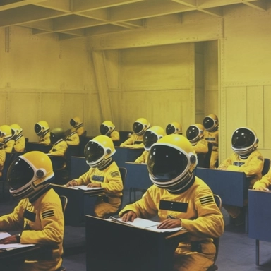 astronauts sitting at school desks in yellow walled room with no windows and 1 light and 1 astronaut holding a clip board at the front, black board at the back saying how to get out