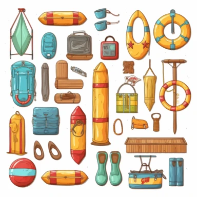 atercolor beach lifesaving equipment , illustrations clipart set, simple, , cartoon elements ,different variants , separate elements with a margin, wooden and plastic elements elemets ,4k, high resolution