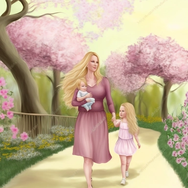 beautiful young pregnant mother with long beautiful blonde hair, toddler daughter with long beautiful hair, both facing forward, holding hands walking in park, flowering trees, path lined with benches, highly detailed, detailed face, realistic, fantasy, ethereal, soft colors, sharp focus, clipart style, fix dress