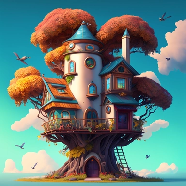 Beautiful 3 floors fantasy house, Oriental Fantasy Clipart, oil colour, super realistic, surrounded with colourfull trees, birds and white puffy clouds, pixar style, cartoon style, 8k, clipart