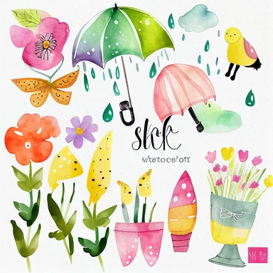 Please create a series of watercolor clipart illustrations featuring different items related to spring. Each illustration should be drawn in a charming and playful style that captures the beauty and vibrancy of the season. Items to include can be flowers, butterflies, birds, bees, rain boots, and umbrellas. Please use a coherent color palette that is bright and cheerful, but also soothing and calming. Colors that are associated with spring, such as greens, blues, pinks, and yellows, should be us
