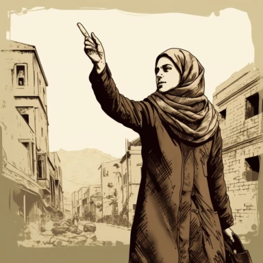 a young hijabi woman raise her index finger in the air like muslims do , she stands in an old poor street +whole body+ dark color tones+ vintage drawing style ,clipart drawing,clipart image,high definition drawing,clean colors,balanced colors,detailed drawing,image ratio 16:9 , aspects : high 1920 + width 1080