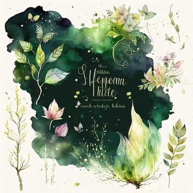 A mesmerizing watercolor clipart collection featuring elements from llustration of a magical forest inspired by Shakespeare's A Midsummer Night's Dream. lush green trees adorned with twinkling fairy lights, Delicate flowers bloom in vibrant colors, while mischievous fairies flit through the air, leaving behind trails of sparkling dust, ethereal ambiance. whimsy and enchantment,
