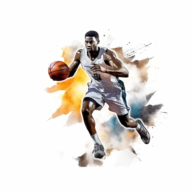 Basketball Player clipart, watercolor, clipart image featuring a Black basketball player dribbling the ball, showcasing agility and skill on the court, white backround