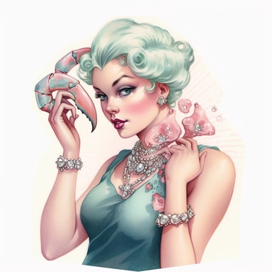 Hand drawn 1950’s pin up woman, dressed like cancer the crab, very glamorous with jewelry, shades of dusty rose teal and blue, half body, very detailed and realistic, watercolor, white background with margins, clipart style