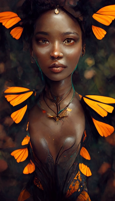 a full body beautiful winged butterfly queen, melanin skin, beautiful face, natural makeup, clipart portrait with brown skin, Large colorful realistic detailed butterfly wings, insanely detailed and intricate, flying in a beautiful Forrest, deep in the woods, matte painting, cinematic, cgsociety,, ross tran
