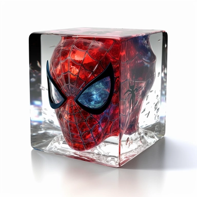 clipart 3D [spiderman head] inside epoxy rasin cube. glass cube has sharp edges. preserved in resin, vibrant color, white background