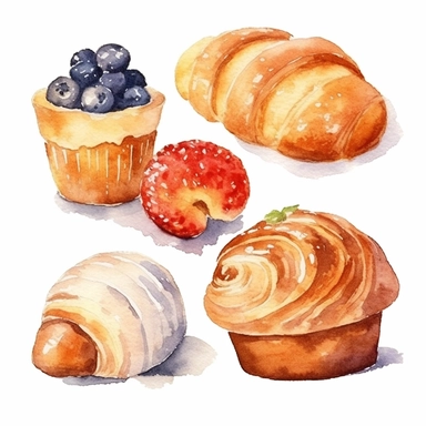 watercolor four Bakery clipart, flat style, no volume, few details, washed out, minimalistic style, very lose details, very light colors, transparent colors, light airy hues and pastel tones, spaced out, white background, washed out colors and paint, hand-painted watercolor, watercolor paper with visible rough paper texture, a variety of watercolor brushes, do not cross workspace borders, rough watercolor paper texture on top