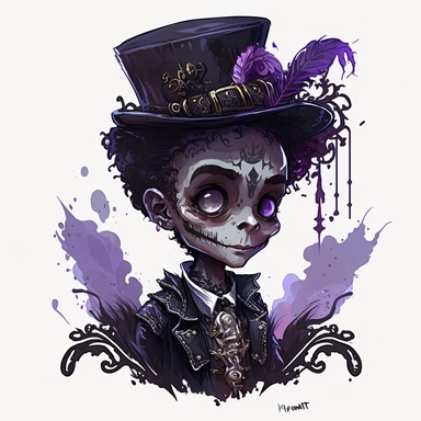 boho little blacky BOY, big eyes, DISNEY character Dr. Facilier, tall black top hat with skull and bones on it with a single purple feather, bone necklace, staff with a purple glow on the end, very detailed and realistic, watercolor, portrait , white background with margins, clipart style,