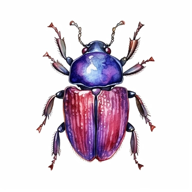 beetle clipart watercolour, purple black brown red and blue, white background,