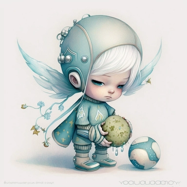 a watercolor painting of a robot boy fairy holding a football on a solid white plain background Clipart style, by nicoletta ceccoli, melancholy pastel art, cute detailed digital art, goddess of sleep, adorable digital painting, by Jasmine Becket-Griffith, fairy cgsociety, dreamy illustration, dreamlike digital painting, astral fairy, cherub, god of dreams, aka dream, dream scenery art, solid white background, Clipart style