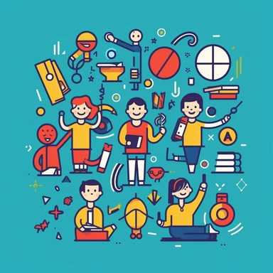 clipart of students juggling with study and social life and family, simple, crisp line art, flat, vector