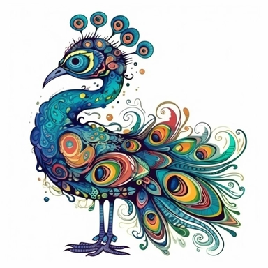 Funny colorful cartoon peacock like a pompon clipart with big beautiful eyes and long beautiful legs, distinct fine details, watercolor technique, black contour lines