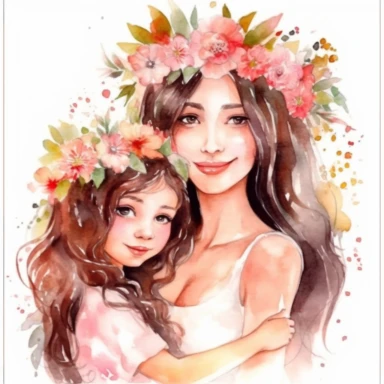 watercolor beautiful latin mother and daughter, black hairs, cute, model face, clipart, white background, png