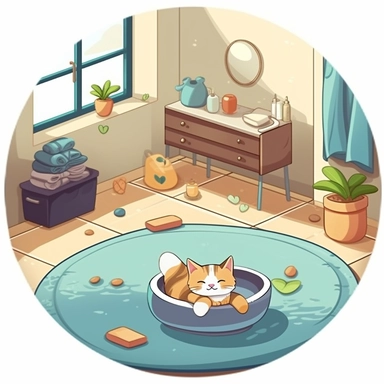 illustrator a soft cat mat, sunny place, small toy mouse, cat litter tray, cat food, water, hang a beautiful cat picture on the wall, bold line, clipart, sticker, 8k detail