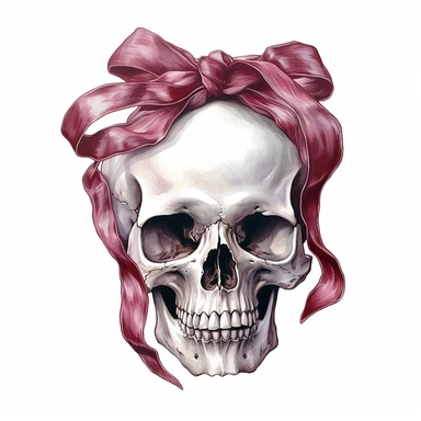 An intricate watercolor of a burgundy ribbon wrapped around a pale white human skull, front-facing, bold dark outlines, white background, clipart, ultra high detail, ultrarealistic