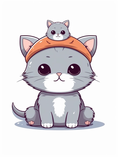 a cat sitting, there is a mouse on the cat's head, vector illustration, clipart, outlines, 2D, cute, kawaii