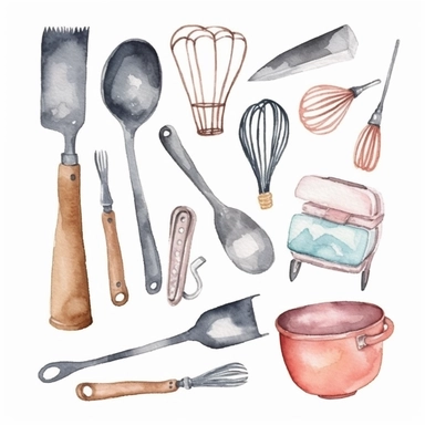 basic watercolor baking tools in minimal hand drawn style, Etsy, textured, clipart, white background