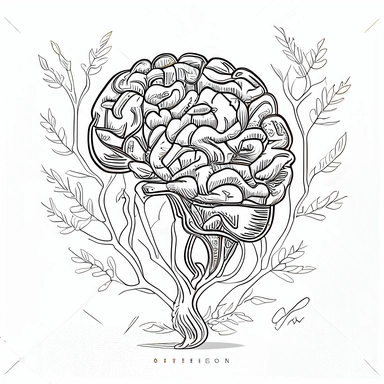 brain with flowers growing from it , line art, clip art, logo style, basic line art, vector style, illustration, isolated on white background
