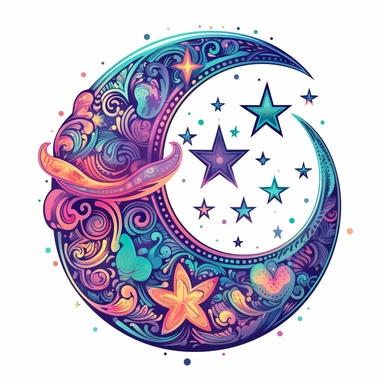 Embark on a creative journey inspired by the mystical allure of the crescent moon and stars. Dive into the world of clip art creation, infusing it with a touch of the hippie spirit. Your goal is to design a captivating clip art image that embodies the free-spirited vibes and enchanting energy associated with the celestial wonders. Imagine a crescent moon gracefully adorned with intricate patterns and details, radiating a sense of peace and harmony. Let its gentle curve and ethereal glow captivat