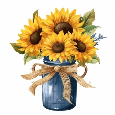 on white background high detailed clipart featuring sunflowers tied with jute ribbon in a jar, coffee mug in watercolor style, hyper realistic illustration flat color