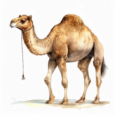 watercolor, hyper realistic, white background, white margins, 16k, ultra detailed clipart, cut out image, hand-drawn, whimsical manhwa style, ultra HD, sharp and clean art a camel, The camel should be depicted in a lifelike manner, with a strong and tall posture. Capture the unique features of a camel, including its hump(s), long neck, and distinctive face. Pay attention to the camel's facial expression, portraying a sense of calmness and resilience. Its eyes can be warm and expressive, reflecti