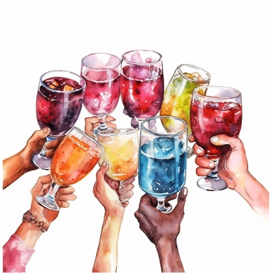 watercolor, Friends hands holding glasses and mugs with champagne, wine, beer, cocktail and tea, and cheers or drinking toast to friendship. png Full body realistic cartoon in 32K UHD cute. 15 cm thick outline. Black color. There was no shadow on the ground. 8k with realistic watercolors and detailed illustrations. PNG clipart, transparent white background