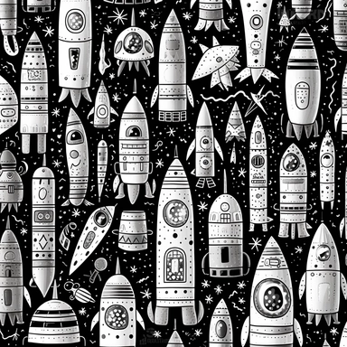 black and white coloring page for adults, lots of rockets , in the style of ominous vibe, monochromatic white figures, fine lines, creative commons attribution, wallpaper, childs drawing, animated exuberance, no shading, clipart