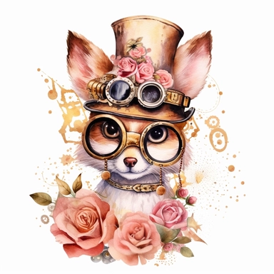 Steampunk Birthday Party Animal Clipart, rose and gold colors, Steampunk, watercolor, sweet, happy, high resolution, transparent white background no captions