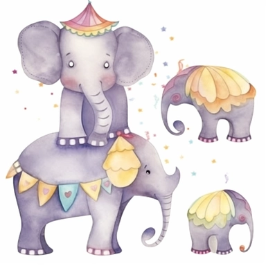One cute decorated circus elephant clipart, style as seen on Etsy. Cartoonish appearance with exaggerated body proportions, but atomically correct limb positions and number. Perfect for decorating a baby's nursery. Varied bright pastel watercolors, loose, gestural brush strokes. Dreamy, ethereal, lively, playful. Lots of cute details, such as stars, balloons, drums, hats, flags and unicycles. Decorative patterns, like polka dots, stripes and floral designs. Enchanting, whimsical, heartwarming, t