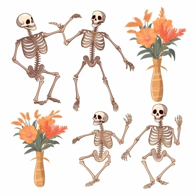 collection halloween dancing skeleton wiht flowers, clipart, white background