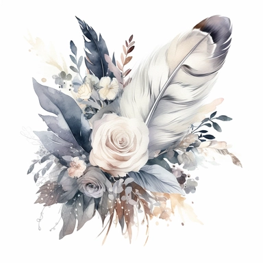 Watercolor dusty greay and white feathers bouquet clipart white background no text wedding style thick outline eligible for transparent background