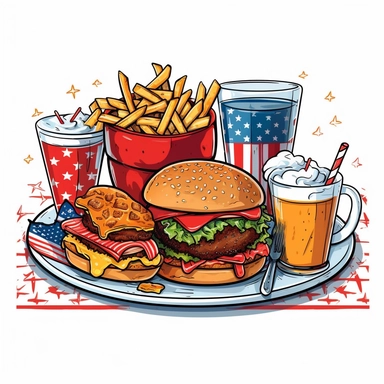 Independence day cookout food, Clipart, 4th of july, white background, crisp detail, cute, cartoon, black outline, vibrant