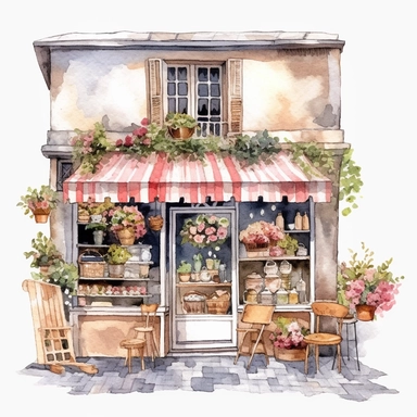 watercolor clipart flower shop , France, view from above ,single object,png,transparent ,watercolor styles, white background for removing background- - no text shadow font watermark
