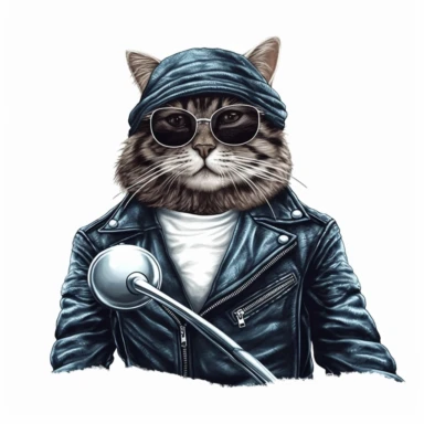 Create a clipart of a cool cat wearing a leather jacket and riding a motorcycle. Low detail. White background, soft lighting. In the style of Bob Ross