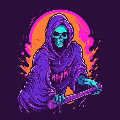 Comic book Grim reaper , shirt design , anime style grim reaper , kwaii grim reaper ,Cute Reaper , simple drawing , kwaii reaper design , logo , PFP , kwaii clip art reaper , Unique shirt design , cartoon style reaper , colourful anime background