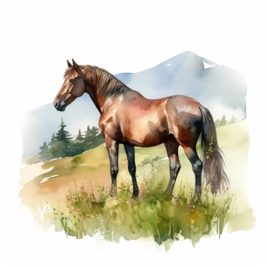 watercolor realistic, horse clipart, high detail, grazing in moutain meadow, white background.
