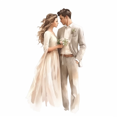 Wedding bride and groom, clipart, white background, in the style of elegant realism, muted and subtle tones, detailed painting, transparency and lightness