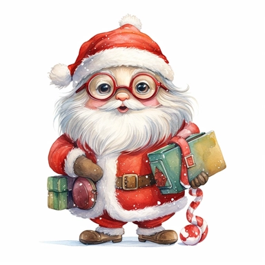 santa smile and cute big eyes wear big glasses full body , hold gift and bag , cute funny laugh detailed digital art, whimsical and cute, cute detailed artwork, glimmering, adorable and whimsical, whimsical art, watercolor Clipart style)
