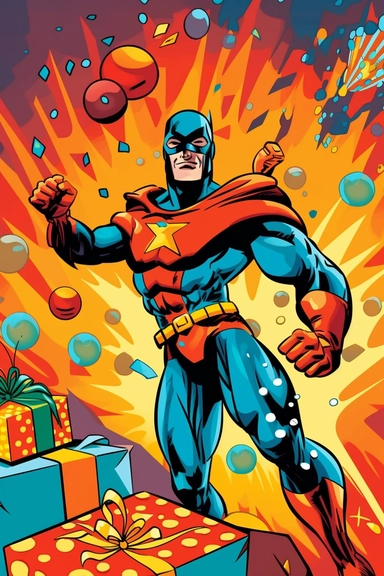 Generate a comic book-style clipart image of a superhero character's birthday celebration. Use bold and vibrant colors, along with dynamic speech bubbles, to create a sense of excitement. Include elements like cake, gifts, and party decorations in a comic book panel layout.