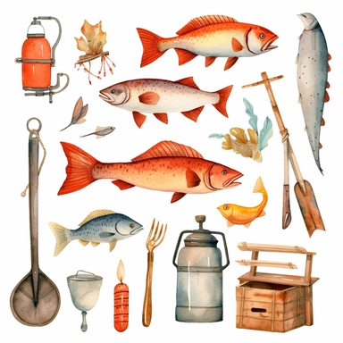 whimsical watercolour cute clip art fishing equipment