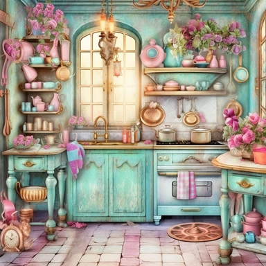 Make a clipart of a fairytale watercolor french country kitchen with bright pastel colors of turquoise and green, pink roses, gold accents, black outlines, hd, white background